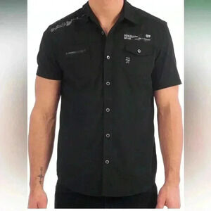 ProJek Raw Men's Sz L Zip Pocket Button Front Shirt Black With Grommets